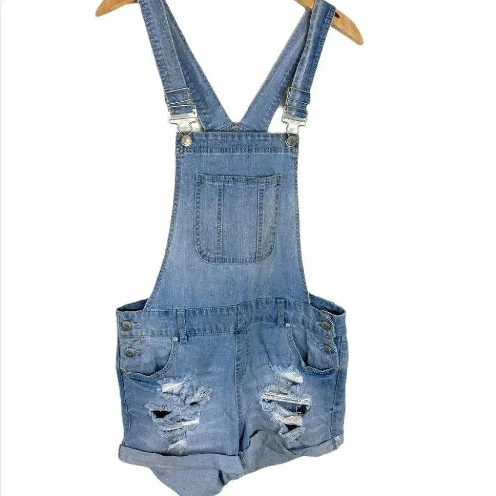 Blue Spice 7‎ junior distressed jean overall shorts